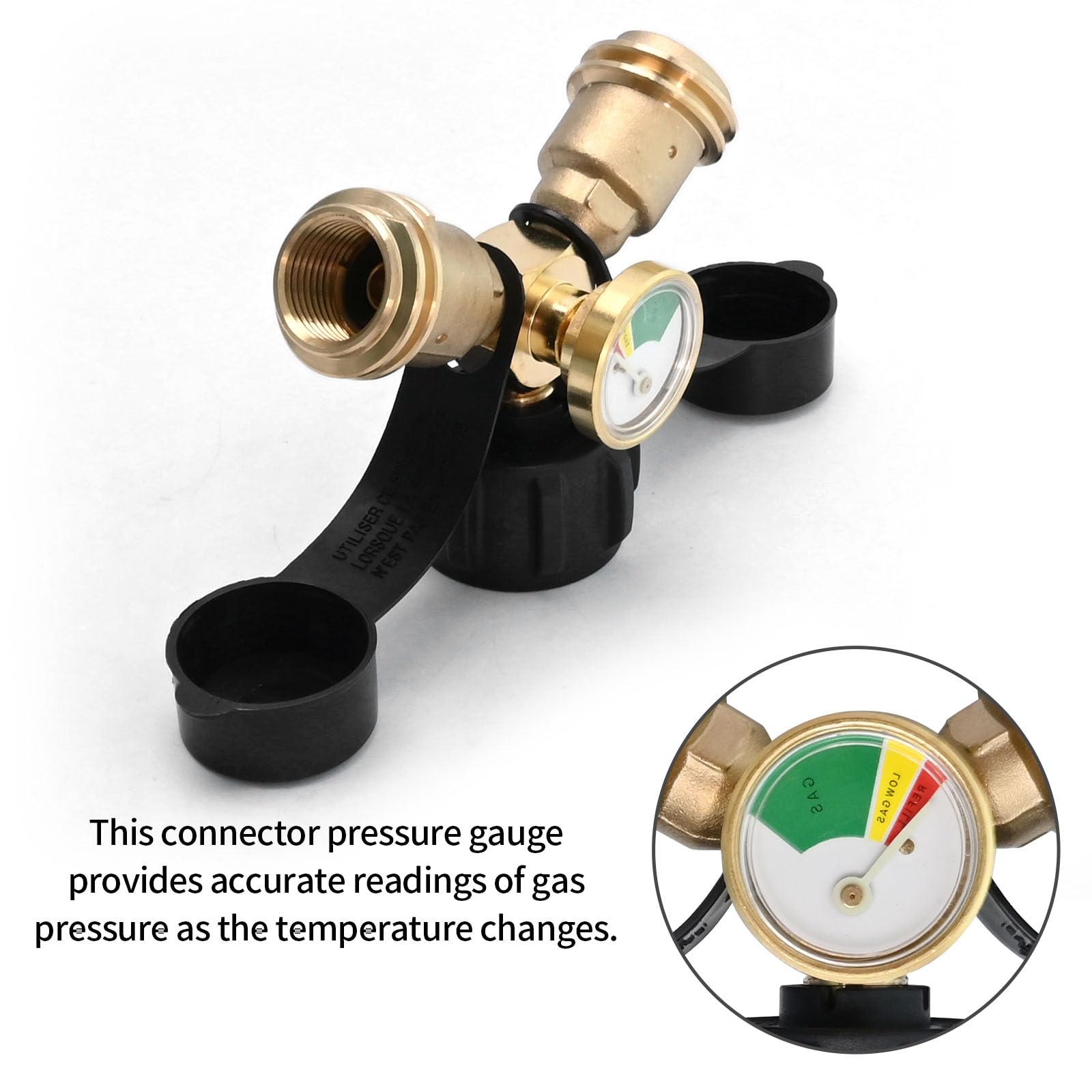 Anxingo Propane Y Splitter Adapter with Gauge and Shut-Off Valve 100% Solid Brass LP Gas Tee Connector with Male QCC and 2-Female QCC for LP Tank Cylinder BBQ Grill Heater Stove and More