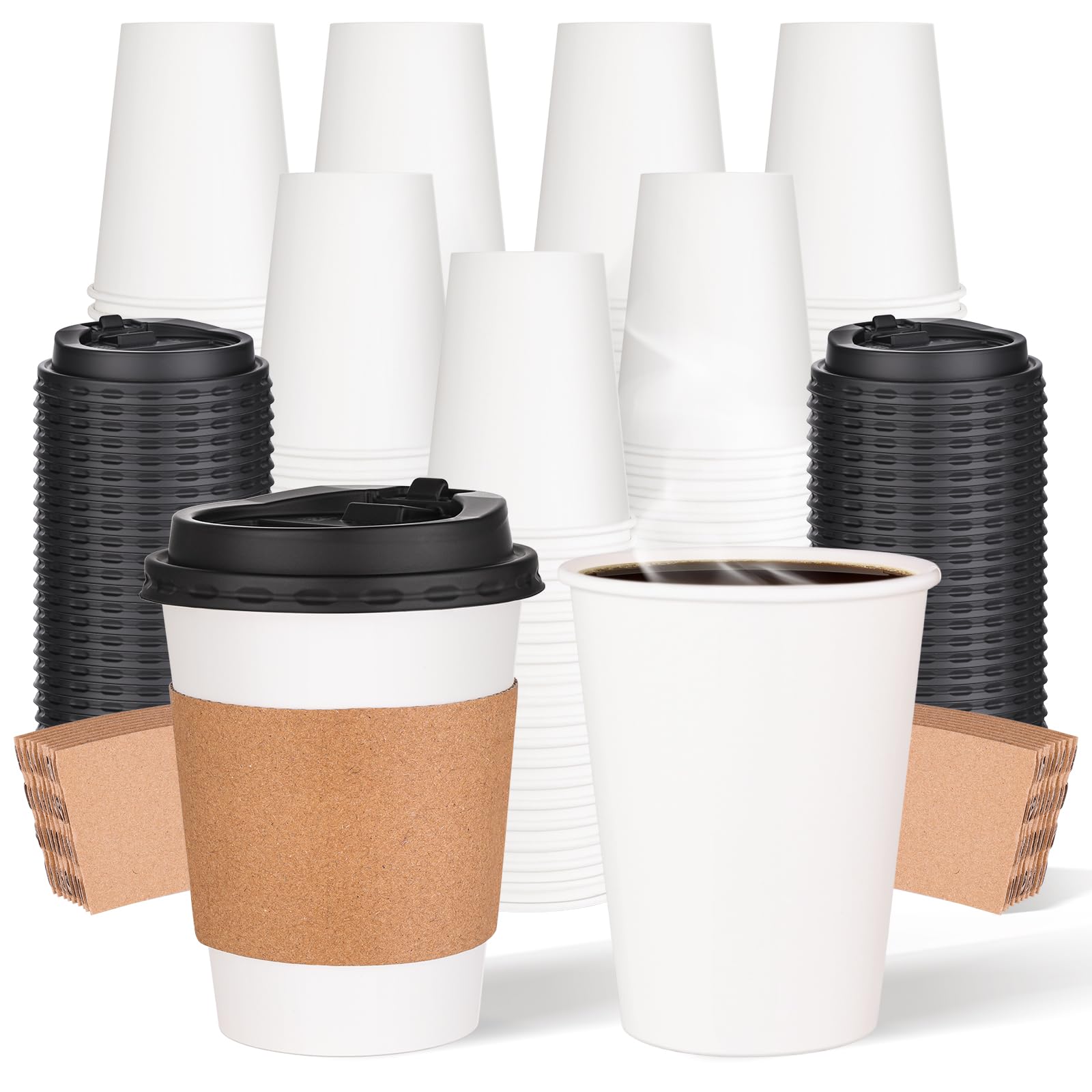 100 Pack 12oz Disposable Paper Coffee Cups with Lids & Sleeves, to Go Hot Coffee Cups for Tea Cocoa Chocolate Juice, Hot & Cold Drinking Paper Cup Bulk for Cafes Home Office Travels Parties