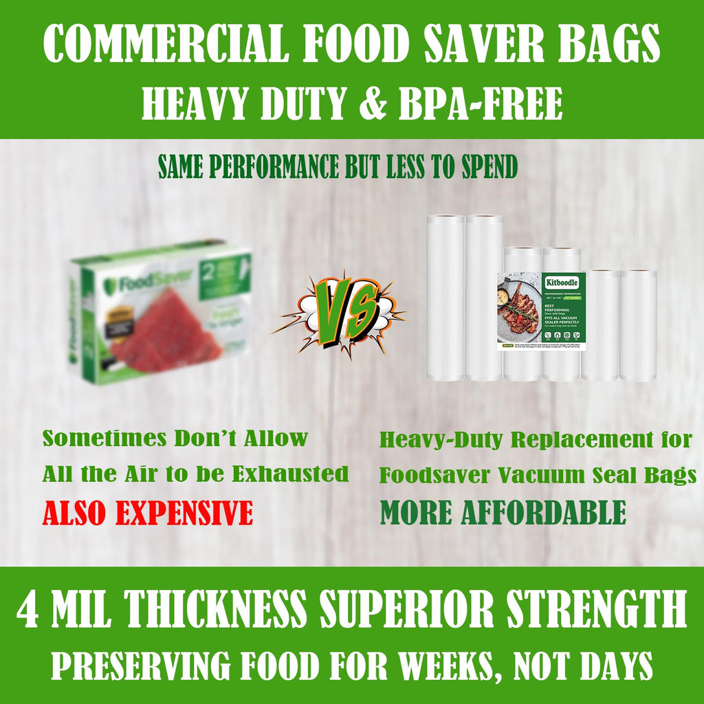 Kitboodle Vacuum Sealer Bags, 11" & 8" & 6" Each 2 Rolls, Rolls Heavy Duty Food Saver Rolls, Commercial Grade Food Vac Bags for Storage, Sous Vide, BPA Free