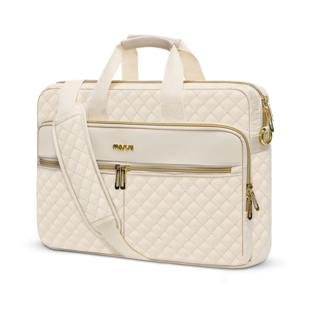 MOSISO Laptop Bag 13.3 inch, Briefcase for Women&Men, 13-14 inch Laptop Case Square Quilted Computer Messenger Bag Office Travel Business with 3 Pockets&Strap, Beige