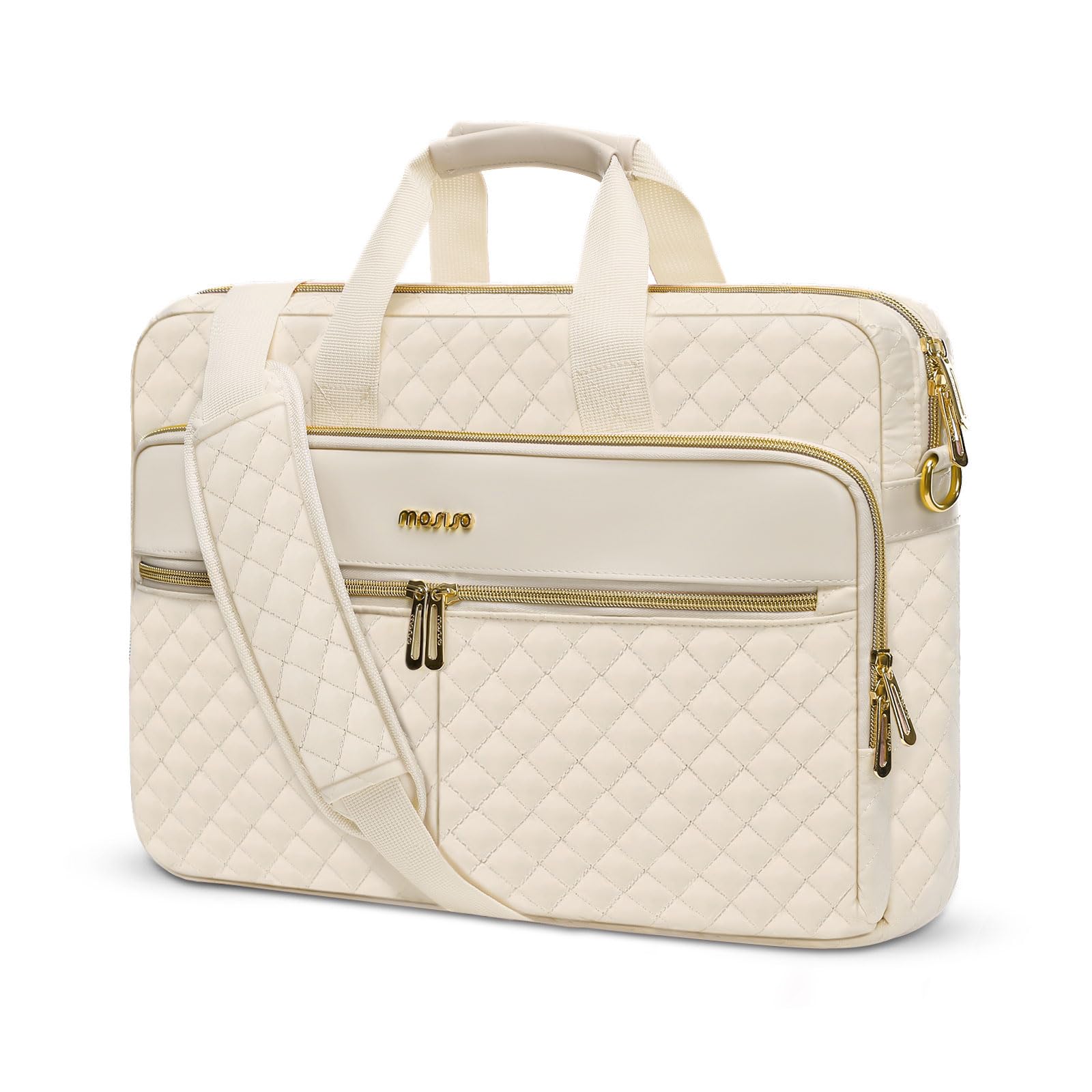 MOSISO Laptop Bag 13.3 inch, Briefcase for Women&Men, 13-14 inch Laptop Case Square Quilted Computer Messenger Bag Office Travel Business with 3 Pockets&Strap, Beige