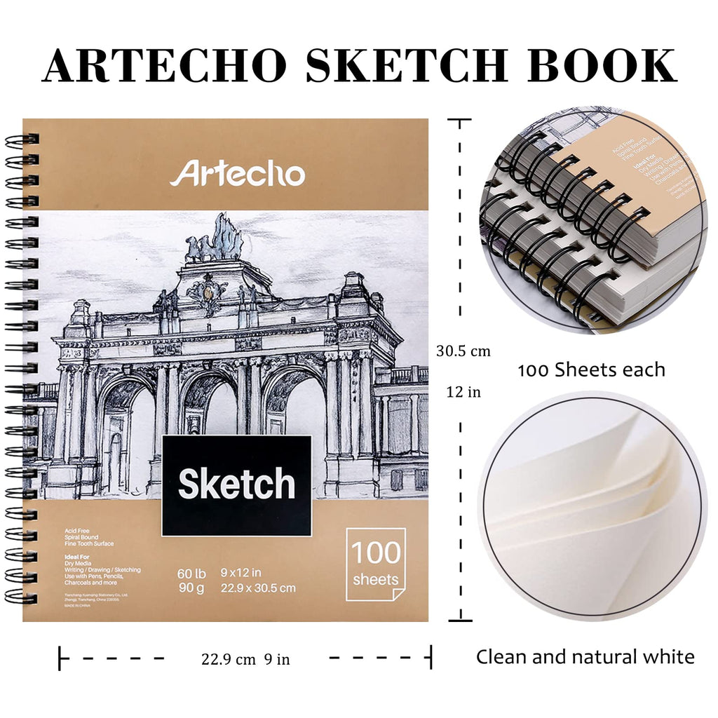 Artecho 9x12 Sketch Book, 100 Sheets (60 lb/90gsm), Spiral Bound, Art Supplies Sketch Pad, Durable Acid Free Drawing Paper, Ideal for Kids & Adults, Natural White
