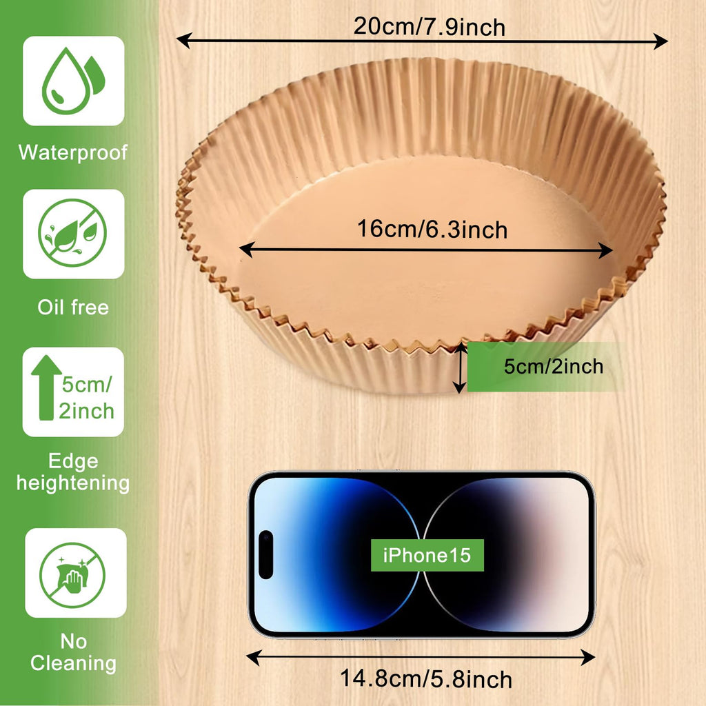 200pcs Air Fryer Disposable Paper Liner, Non-Stick Disposable Air Fryer Parchment Paper Liners, Baking Paper for Air Fryer Oil-Proof, Water-Proof, Food Grade Parchment（6.3" in Bottom, 7.9" on top）