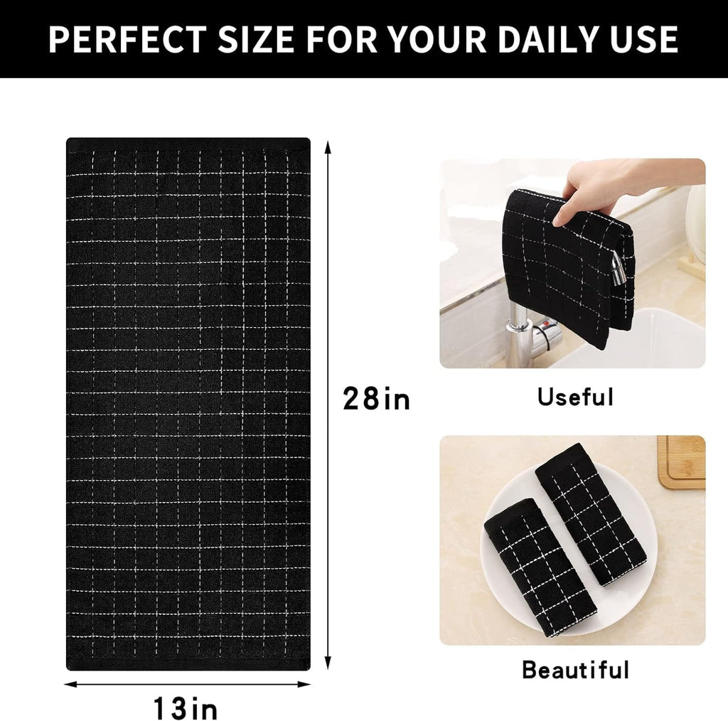 smiry 100% Cotton Terry Kitchen Towels, 4 Pack Ultra Soft and Absorbent Cleaning Dish Cloths, 13 x 28 inches Checkered Designed Non-fluffing Quick Drying Dish Towels and Tea Towels, Black