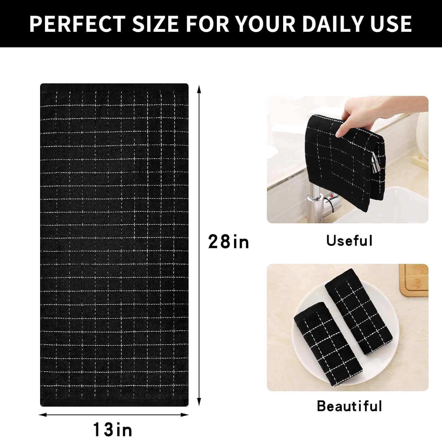 smiry 100% Cotton Terry Kitchen Towels, 4 Pack Ultra Soft and Absorbent Cleaning Dish Cloths, 13 x 28 inches Checkered Designed Non-fluffing Quick Drying Dish Towels and Tea Towels, Black