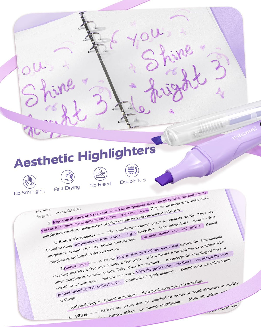 Four Candies Aesthetic School Supplies, 4 Gel Pens with Black Ink, 4 Correction Tape, 2 Pastel Highlighters, 2 Mechanical Pencils, Sticky Notes, Index Post for Back to School Supplies with Case Purple