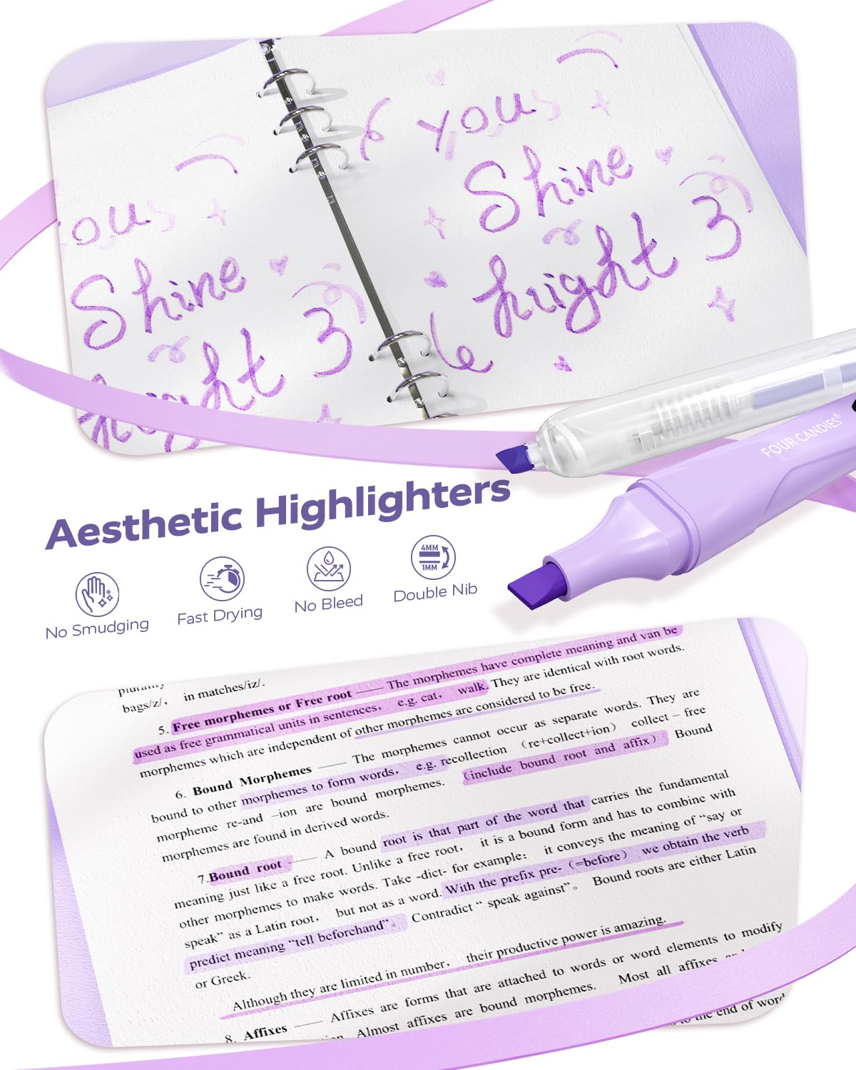 Four Candies Aesthetic School Supplies, 4 Gel Pens with Black Ink, 4 Correction Tape, 2 Pastel Highlighters, 2 Mechanical Pencils, Sticky Notes, Index Post for Back to School Supplies with Case Purple