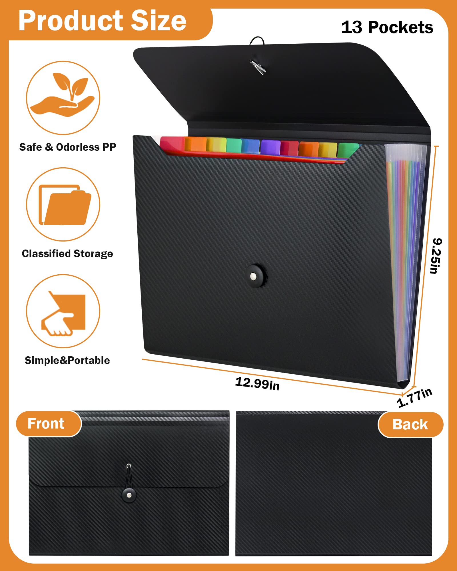Cesil 2Pcs Accordian File Organizer Expanding File Folder, 13 Pockets File Holder Organizer, A4 Letter Size Paper Document Receipt Organizer Accordion Filing Folder for Classroom, Home, Office