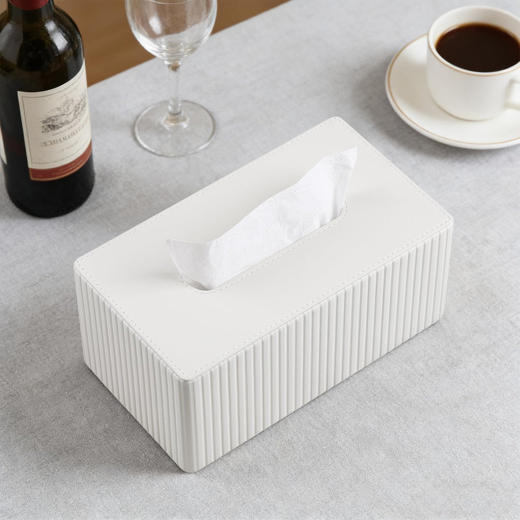 MEIBOOCH Tissue Box Cover Stylish PU Leather Rectangular Tissue Box Holder with Magnetic Bottom Cover for Bathroom Bedroom or Office (Ivory)