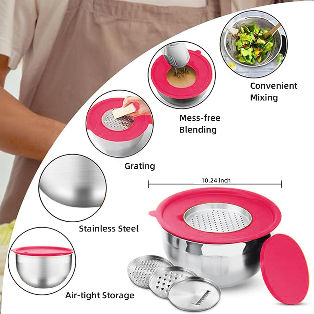 Menbyci 7 Pcs Mixing Bowls with Lids, Stainless Steel Nesting Bowls with 14Pcs Attachments, 3 Graters, Kitchen Utensils, Bowl Set for Kitchen Cooking Baking Prepping Serving