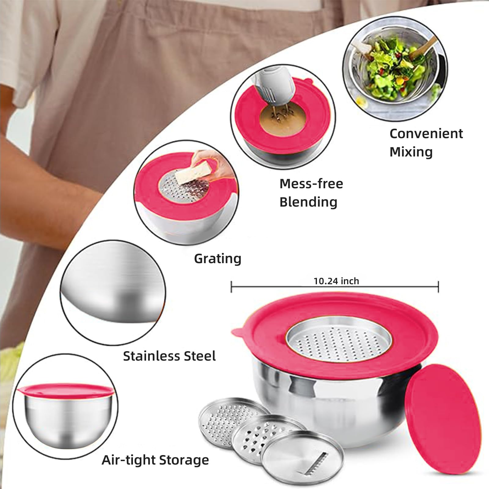 Menbyci 7 Pcs Mixing Bowls with Lids, Stainless Steel Nesting Bowls with 14Pcs Attachments, 3 Graters, Kitchen Utensils, Bowl Set for Kitchen Cooking Baking Prepping Serving
