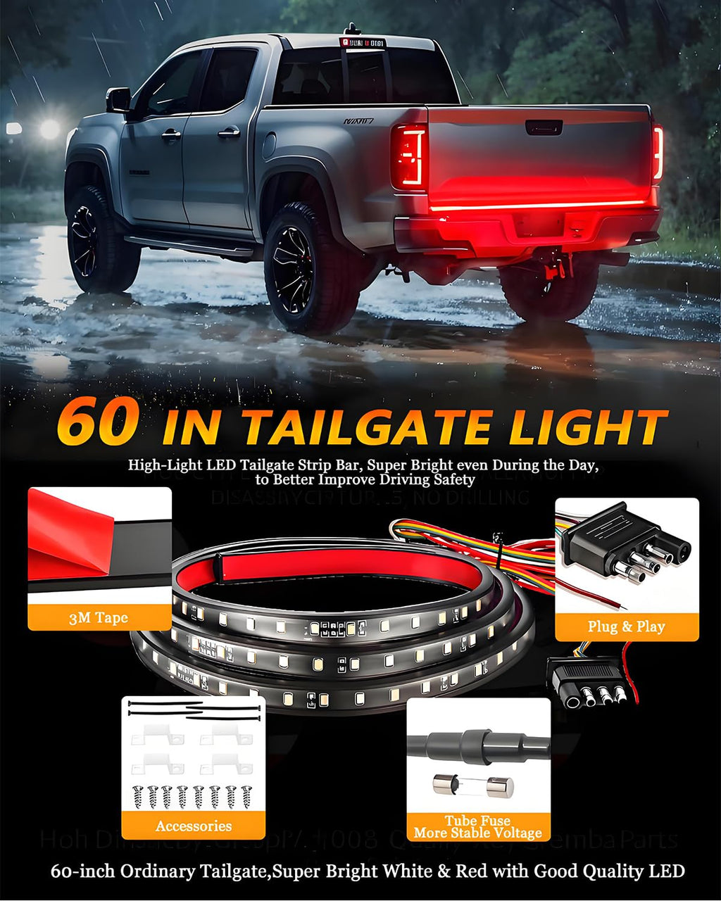 60inch Truck Tailgate Light Strip Bar, White/Red Reverse Light Brake Rear Turn Signal LED Strip for Pickup Trailer Cargo Tailgate Running Flash Light