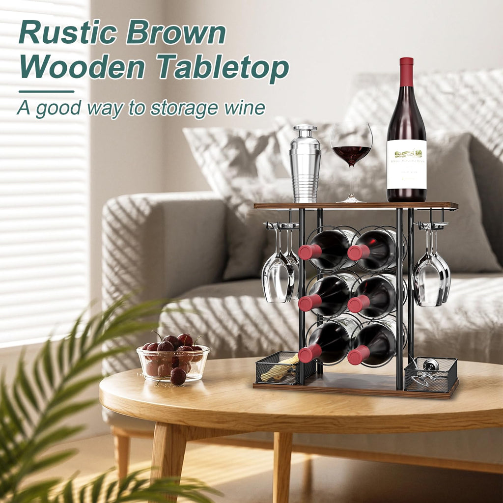 VyGrow Wine Rack, Sturdy Wine Rack, 3 Animals Wooden and Metal Easy to Assemble for 6 Bottles and 4 Glasses for Home, 6.29" D x 16.14" W x 15.82" H