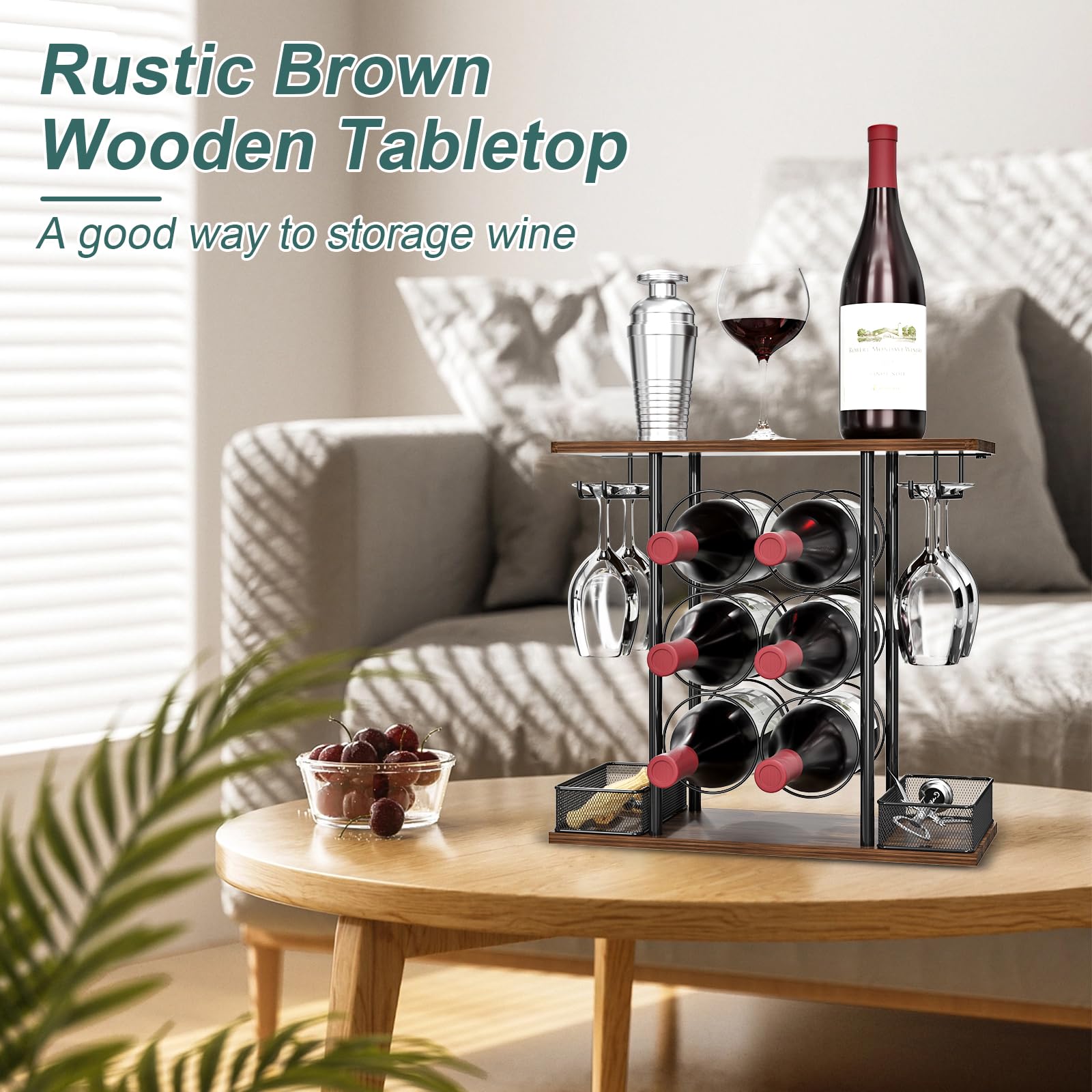 VyGrow Wine Rack, Sturdy Wine Rack, 3 Animals Wooden and Metal Easy to Assemble for 6 Bottles and 4 Glasses for Home, 6.29" D x 16.14" W x 15.82" H
