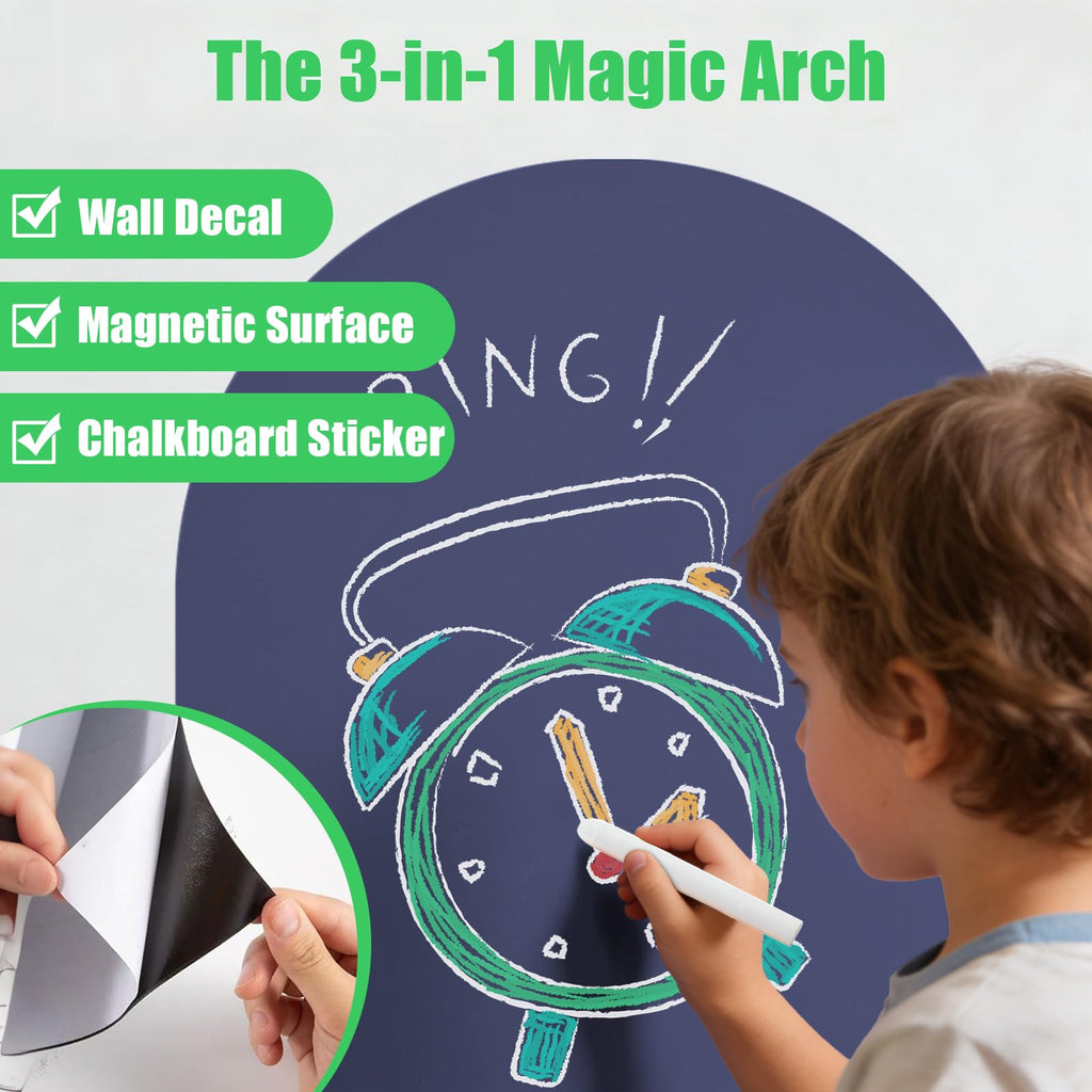 Magnetic Chalkboard for Wall Large Arch Magnetic Wall Decal Peel and Stick Self Adhesive Blackboard with 79 Magnetic Letters Dust-Free Chalk Marker Holder for Playroom Home School Classroom