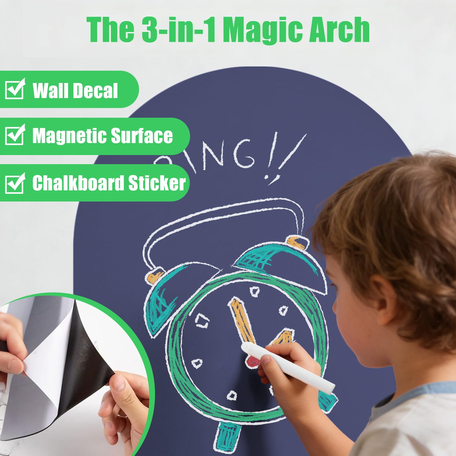 Magnetic Chalkboard for Wall Large Arch Magnetic Wall Decal Peel and Stick Self Adhesive Blackboard with 79 Magnetic Letters Dust-Free Chalk Marker Holder for Playroom Home School Classroom