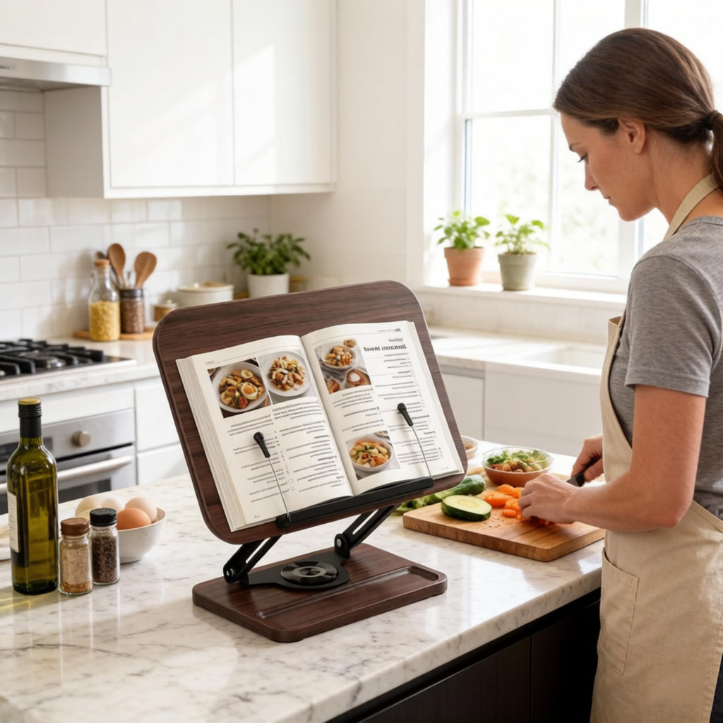 Wooden Book Stand for Reading with 360° Rotating Base, Adjustable Book Stand with Page Clips, Cookbook Stand for Kitchen Counter, Book Holder for Desk, Textbook, Tablet & Recipe Books