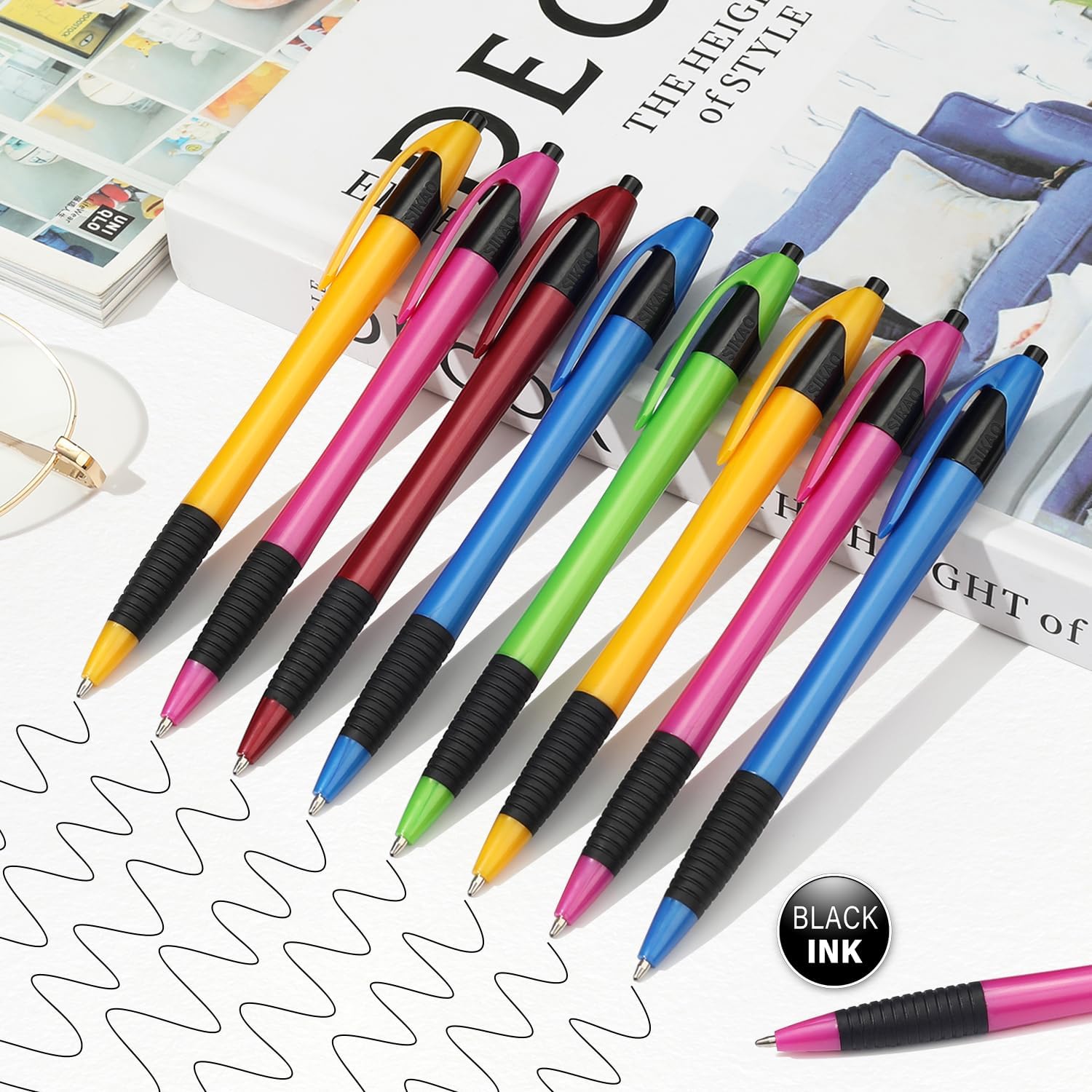 SIKAO Pens Bulk, 60 Pack Gripped Slimster Ballpoint Pens Black Ink 1.0mm Medium Point Smooth Writing, Click Pens with Comfort Grip for Teachers, Students, Restaurant Servers, School & Office Use