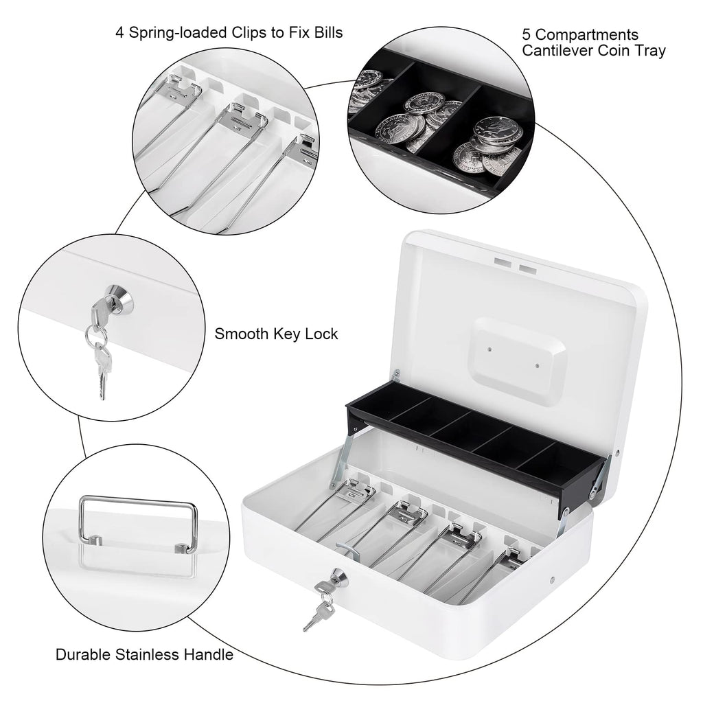 Cash Box with Money Tray and Lock, Money Box for Cash, Cash Register for Small Businesses, Metal Lock Box for Money Tiered 11.8 x 9.4 x 3.54 Inches White