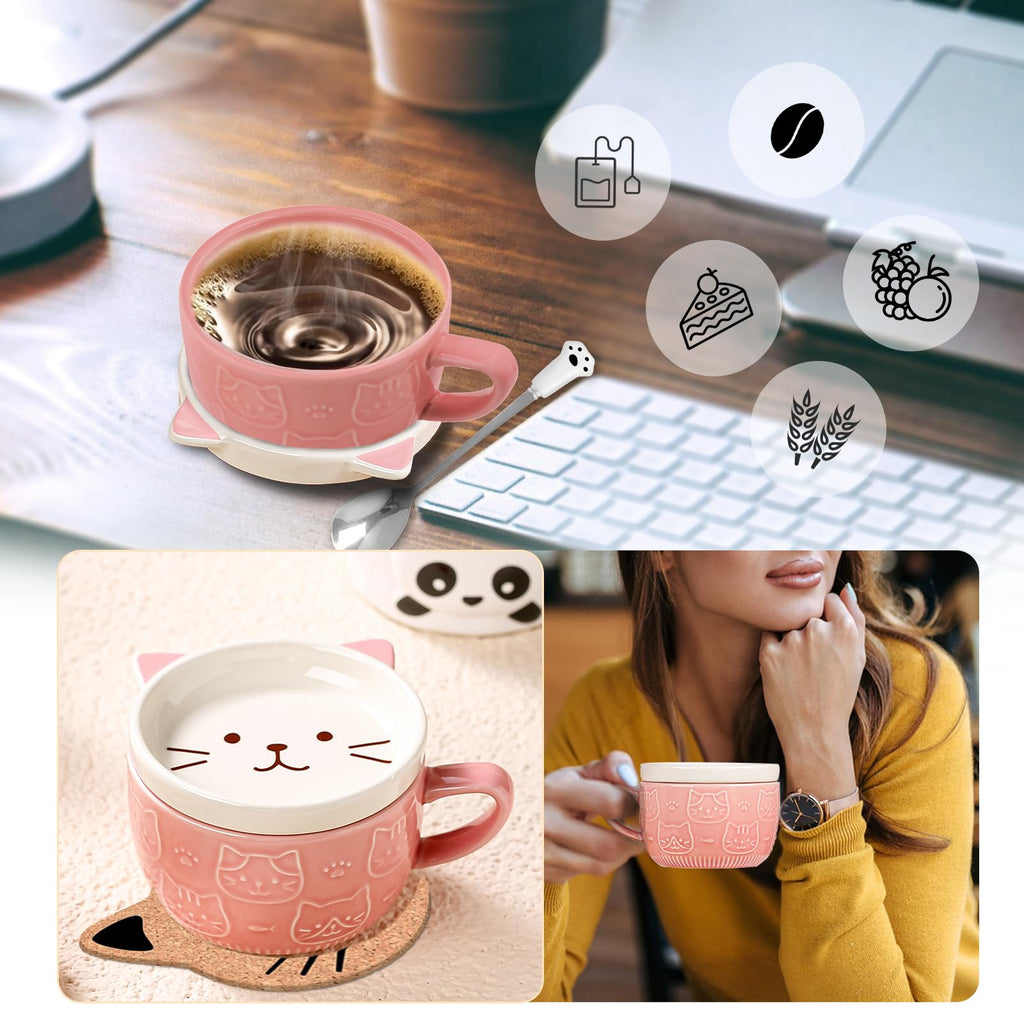 Gifts for Women,Pink Cat Kawaii Coffee Mugs with Lids,Christmas Birthday Gifts for Girls,Friends,Mom,Novelty Animal Ceramic Tea Cup,Dessert Saucer Set