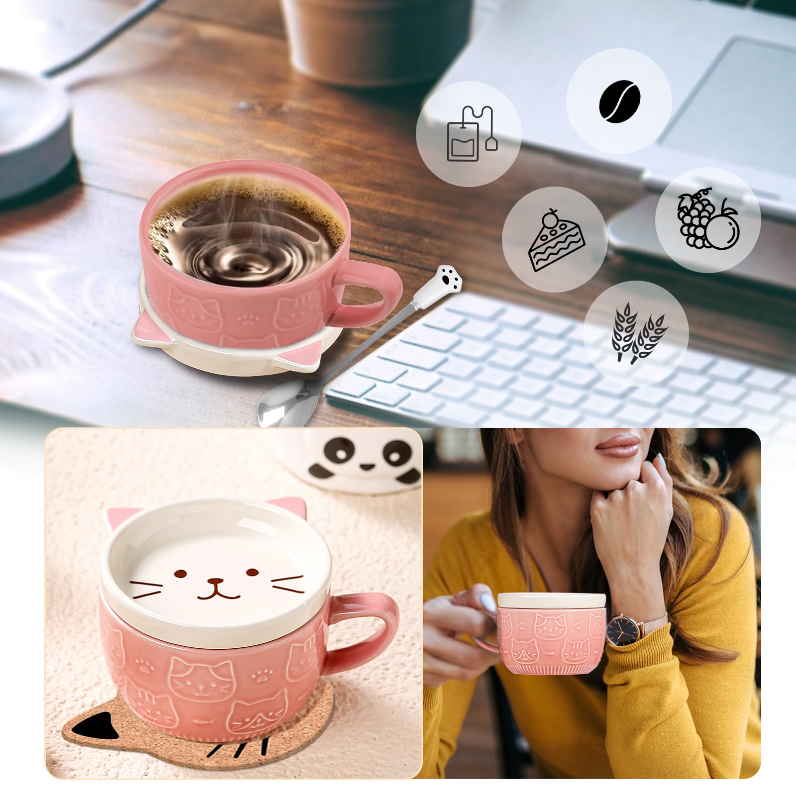 Gifts for Women,Pink Cat Kawaii Coffee Mugs with Lids,Christmas Birthday Gifts for Girls,Friends,Mom,Novelty Animal Ceramic Tea Cup,Dessert Saucer Set