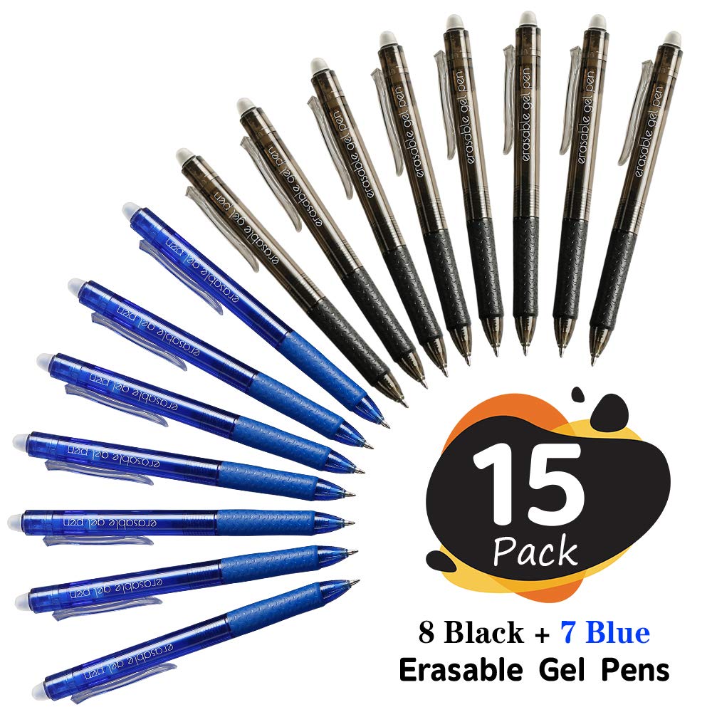 Erasable Gel Pens, 15 Pack Retractable Erasable Pens Clicker, Fine Point, Make Mistakes Disappear, 8 Black 7 Blue Inks for Writing Planner and Crossword Puzzles
