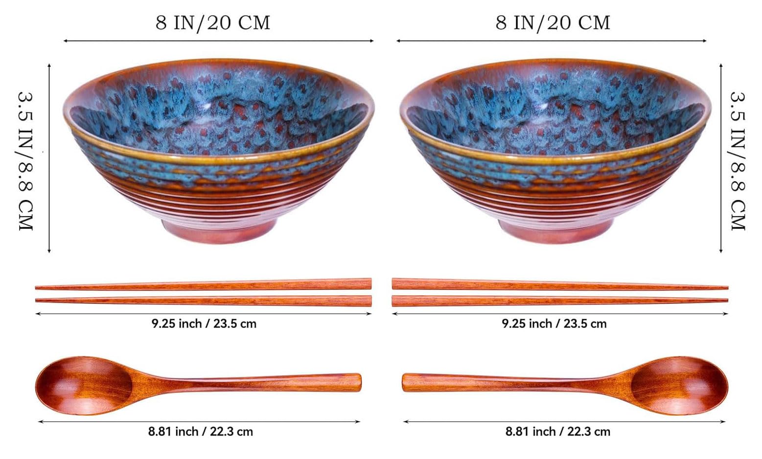 2X Ceramic Ramen Bowls - 40 oz - 20cm - with Spoon and Chopsticks for Ramen Soup Pho Udon Asian Noodles, Large Noodle Bowls (Cat's Eye Glaze 2 Sets)