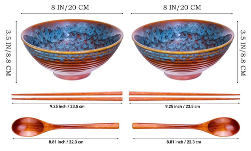 2X Ceramic Ramen Bowls - 40 oz - 20cm - with Spoon and Chopsticks for Ramen Soup Pho Udon Asian Noodles, Large Noodle Bowls (Cat's Eye Glaze 2 Sets)