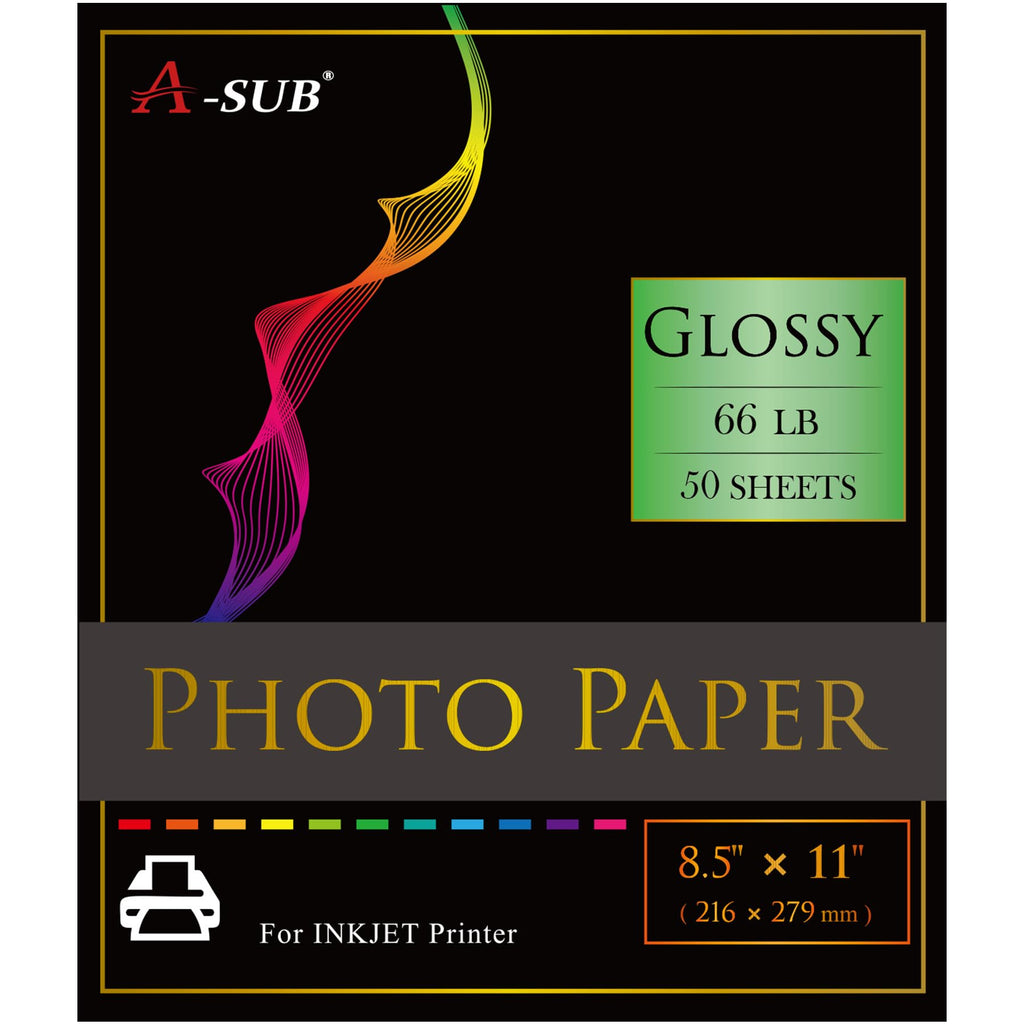 A-SUB Premium Photo Paper High Glossy 8.5x11 Inch 66lb for Inkjet Printers 50 Sheets
