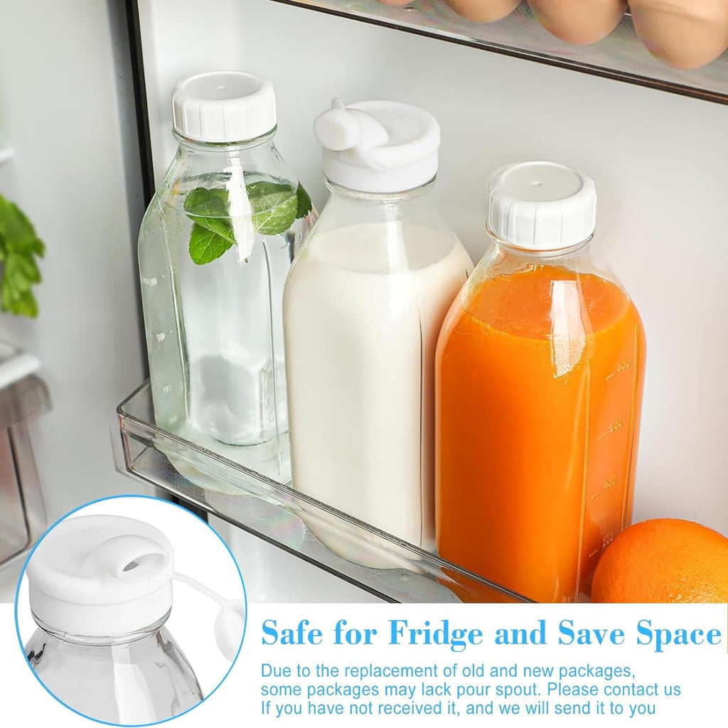 Glass Milk Bottles w 100% Airtight Screw Lids and 2 Pour Spouts- 6 Pack 32 Oz Smoothie Bottles - Food Grade Glass Water Bottles for Almond Milk, Green Juice, Maple Syrup - Dishwasher Safe(Extra Lids)