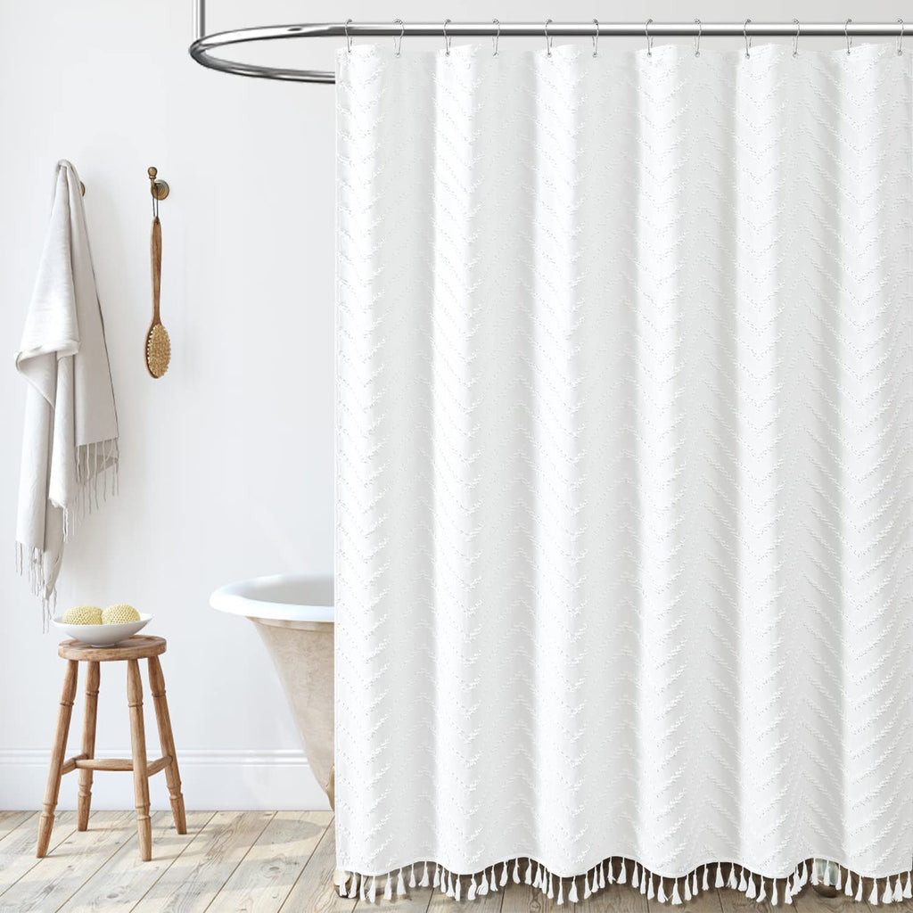 Dynamene Boho Farmhouse Shower Curtain, White Fabric Tufted Chevron Striped Textured Tassel Shower Curtains for Bathroom, Water Repellent, Minimalist Ruffled Cloth Shower Curtain Set with Hook, 72x72