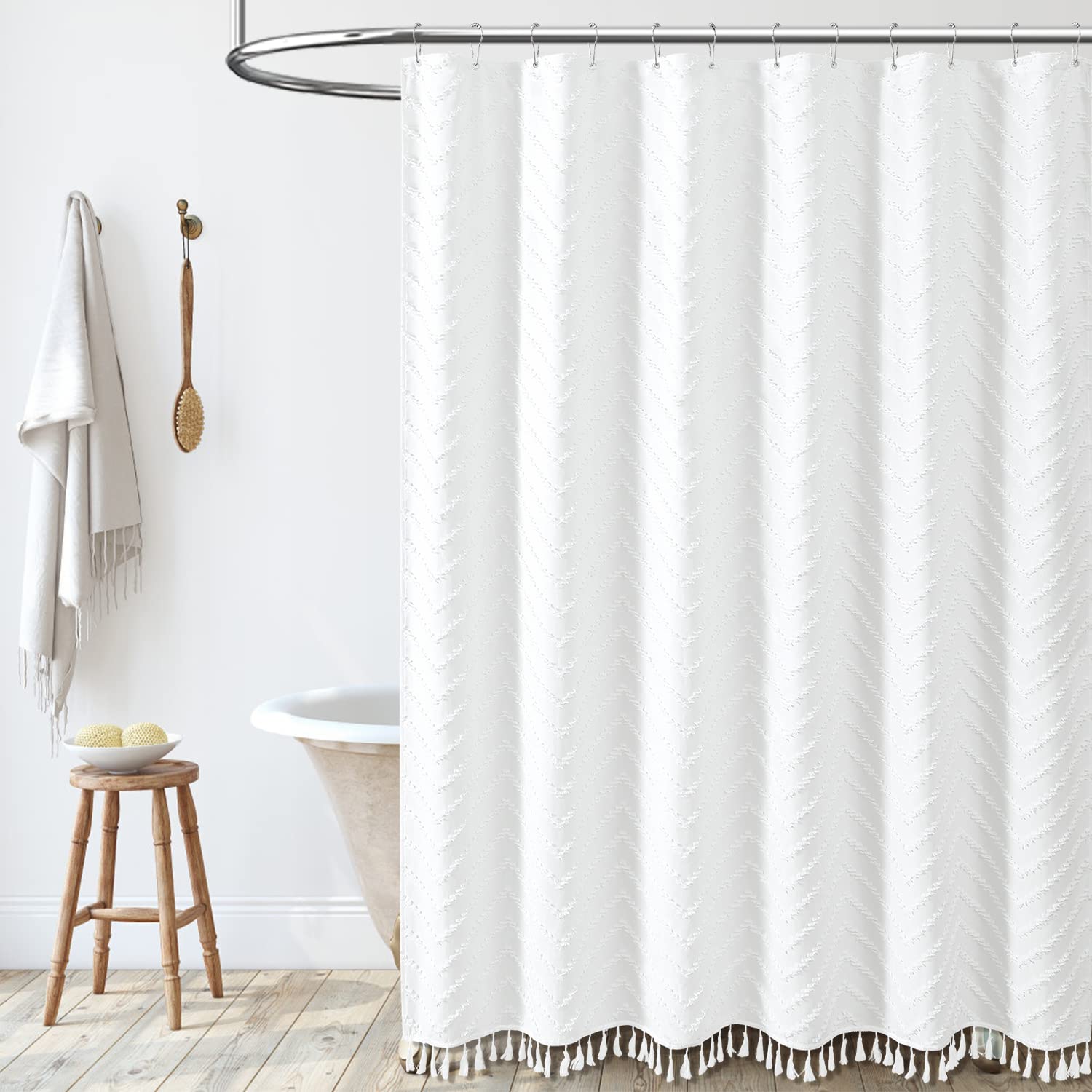 Dynamene Boho Farmhouse Shower Curtain, White Fabric Tufted Chevron Striped Textured Tassel Shower Curtains for Bathroom, Water Repellent, Minimalist Ruffled Cloth Shower Curtain Set with Hook, 72x72