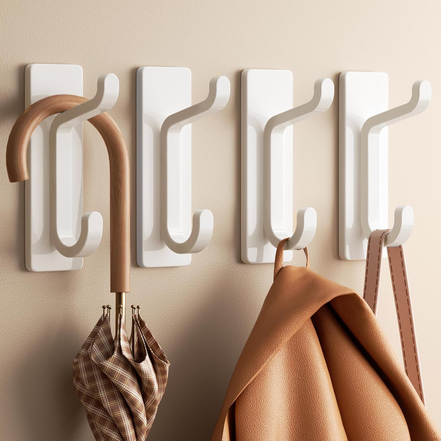 Self Adhesive Hooks, Heavy Duty Stainless Steel, Extra Sticky 6KG (MAX), Stick On Wall and Door Hooks for Hanging, Bathroom Towel and Coat Hooks, White, 4 Pack