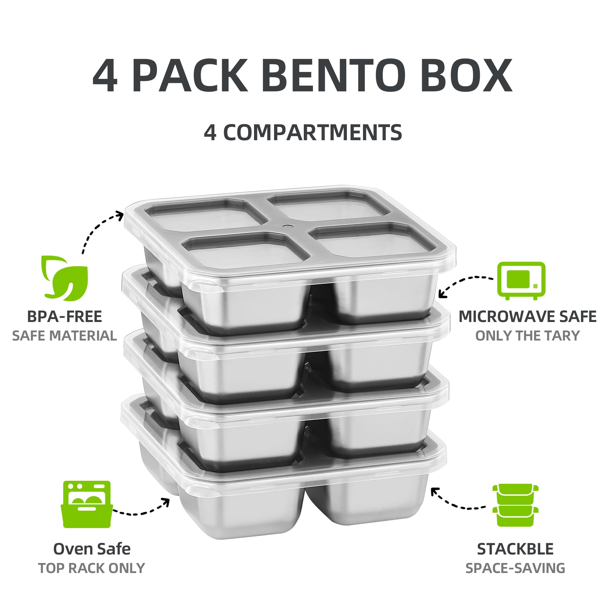 BEFOY 4 Pack Stainless Steel Snack Containers with Lids - 4 Compartment Food Storage Containers for Adults & Kids - Meal Prep Reusable Bento Lunch Box - Silver