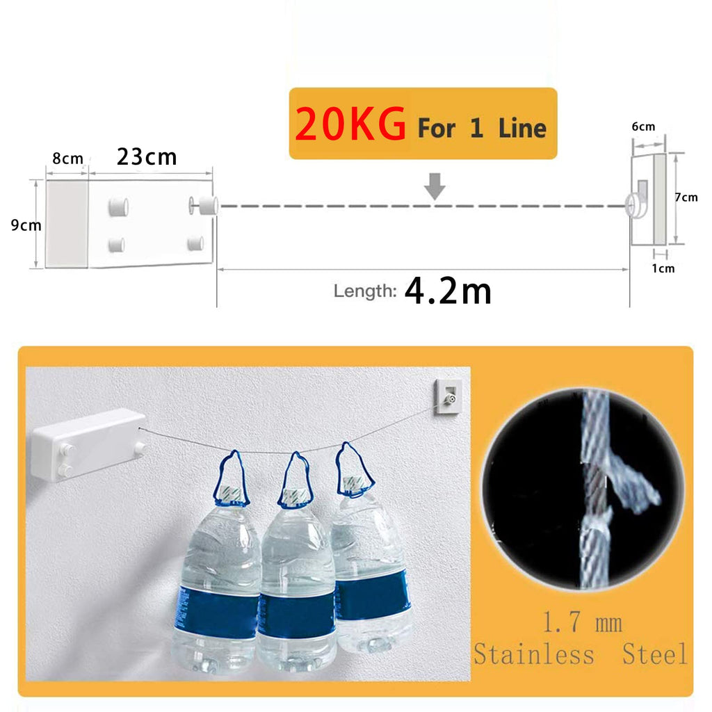 Retractable Clothesline-Clothes Line Retracting Indoor-Clothes Drying Line-Double Retractable Clothes Lines for Hanging Clothes Outdoor with 13.8 Ft Steel Wire, Clothing Line/Laundry Line, White