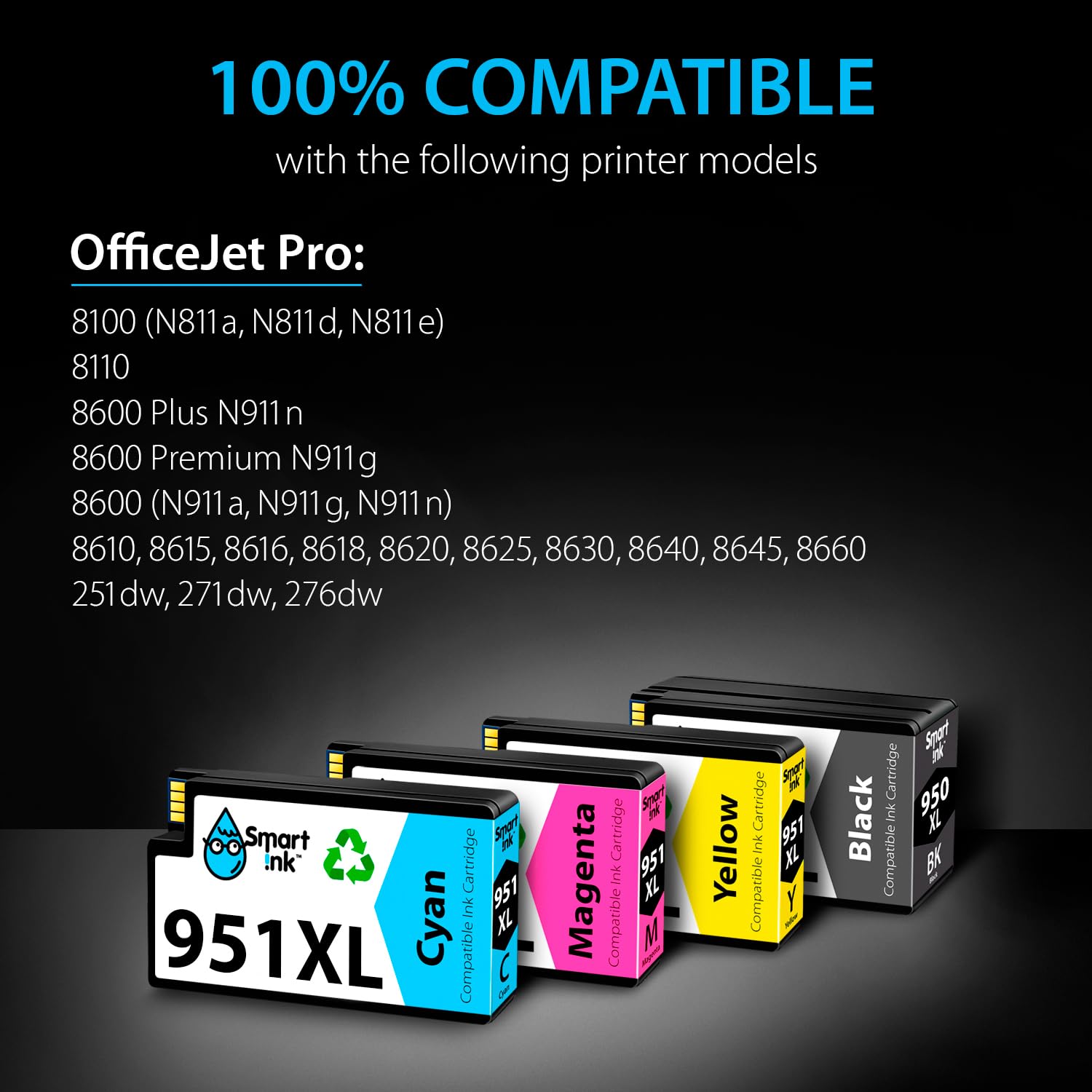 Smart Ink Compatible Ink Cartridges Replacement for HP 950XL 951XL 951 XL 950 XL 4 Pack Combo (Black, Cyan, Magenta, Yellow) for HP Printer Officejet Pro 8600 8610 8620 8640 8660 8615 8625 251DW 276DW