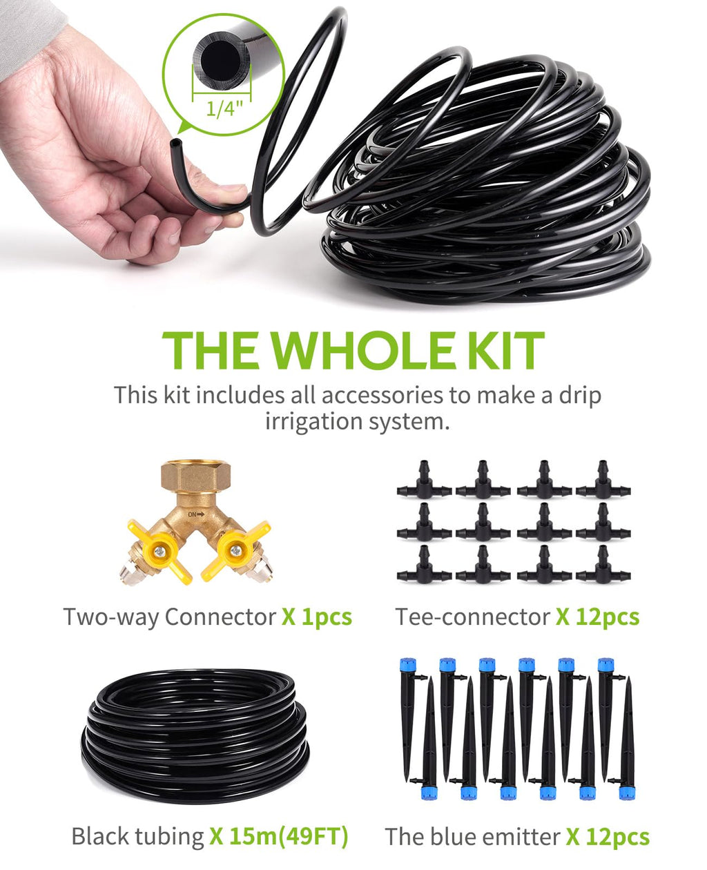 HIRALIY 49.2FT Drip Irrigation Kit, Garden Watering System, Blank Tubing DIY Automatic Irrigation Equipment Set for Outdoor Plants, Micro Drip Irrigation Kit for Greenhouse Flower, Bed Patio, Lawn