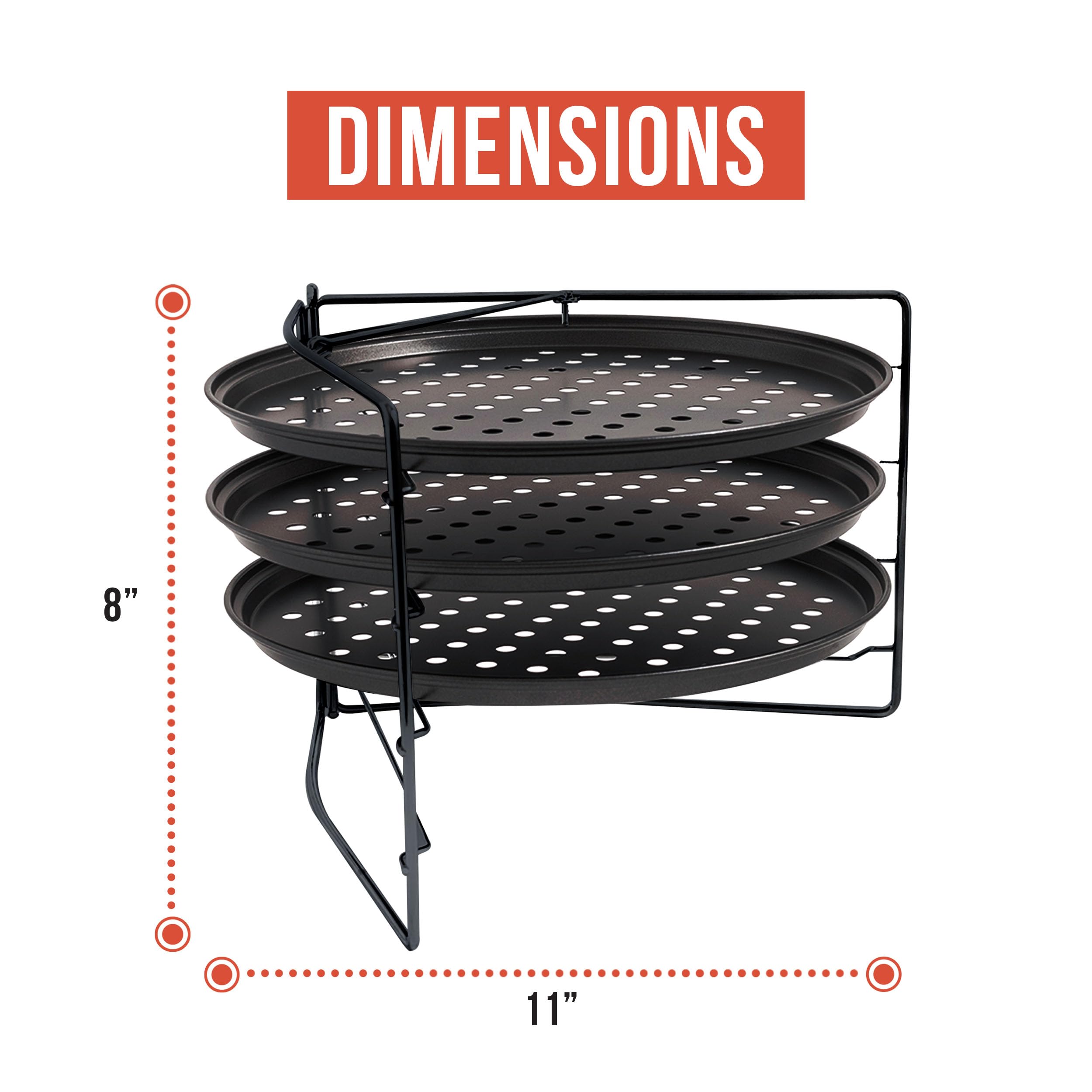 Chef Pomodoro Pizza Baking Set with 3 Pizza Pans and Pizza Rack, (11-Inch Pans), Non-stick Perforated Pizza Trays for Oven, Grill, Pizza Pan with Holes, Pizza Pan for Oven, Barbeque, Bakeware Supplies