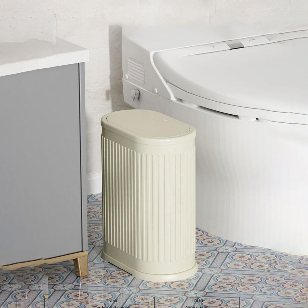 6 Liter Trash Can with Lid, Small Bathroom Trash Can Wastebasket, Slim Garbage Can with Inner Bucket, Press Top Lid Garbage Container Bin for Kitchen, Home, Office, Bedroom, Living Room (Cream Color)