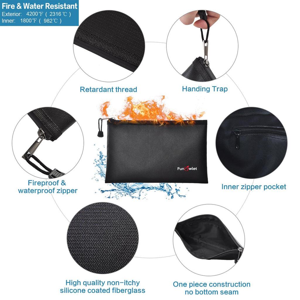 Fireproof Safe Money Document Bags - 2 Pack 13.4" x 9.8" and 10.6" x 6.7" Waterproof Zipper Bag, Fire & Water Resistant Storage Organizer Pouch for A4 A5 Documents Holder,File,Cash,Passport (Black)