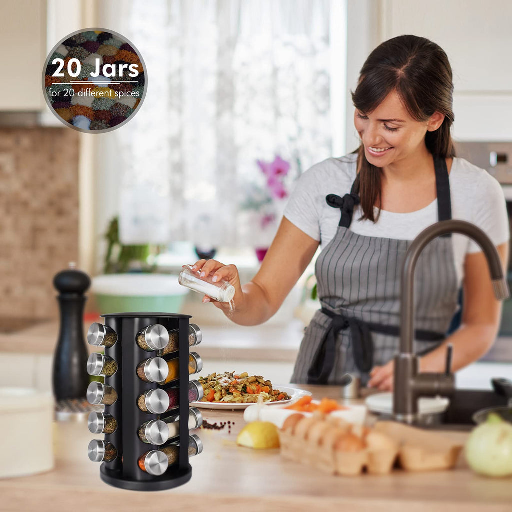 Spice Rack, Spice Rack Organizer for Countertop, Rotating Spice Rack with Jars, Spinning Spice Rack Shelf, Revolving Spice Rack for Kitchen (Black)