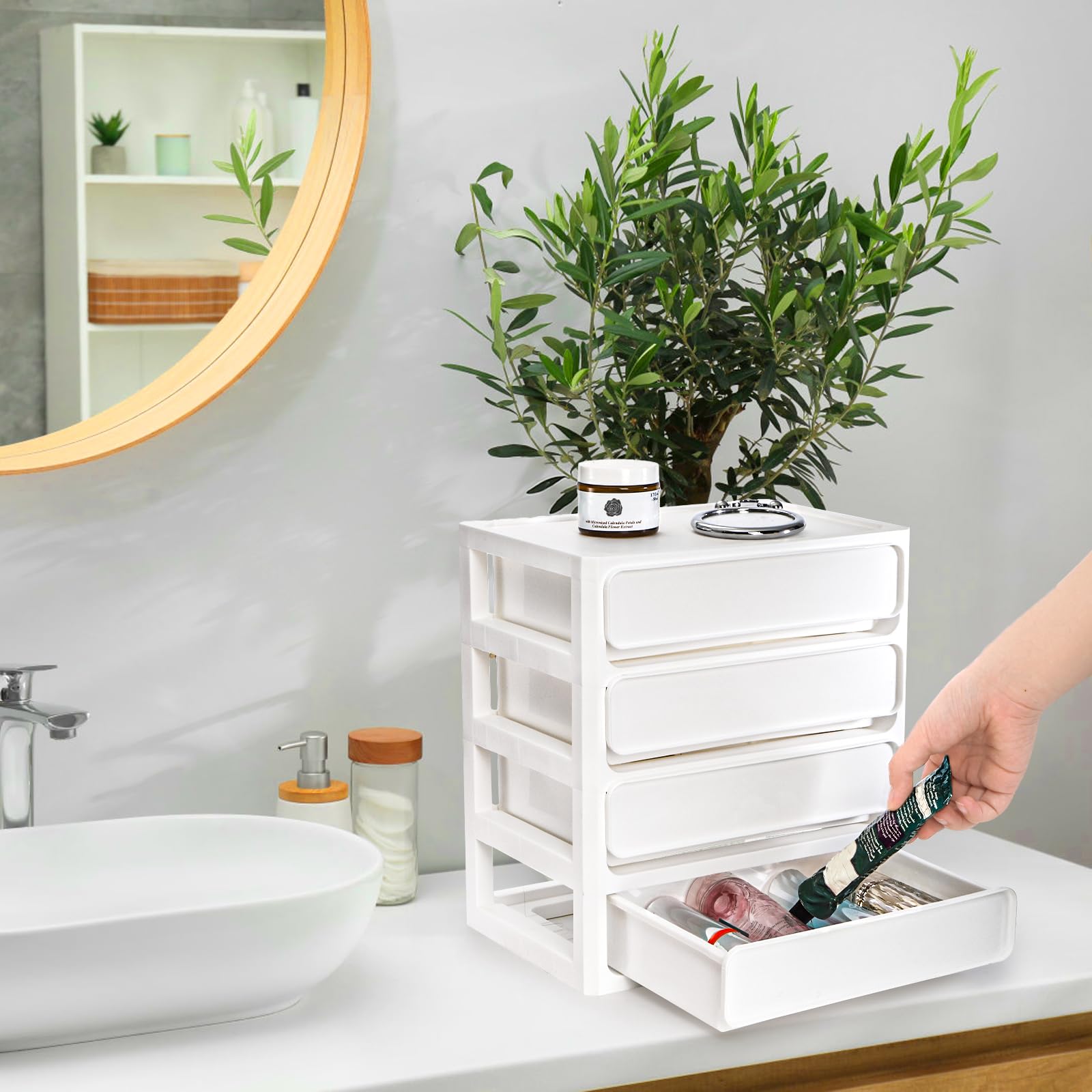 Covzoe 4 Drawer Desktop Storage Unit, 4 Layer Plastic Stacking Tabletop Organizer, White Storage Bin Container with Sliding Drawers, Desk Stationery Organizer Box for Home Classroom Office