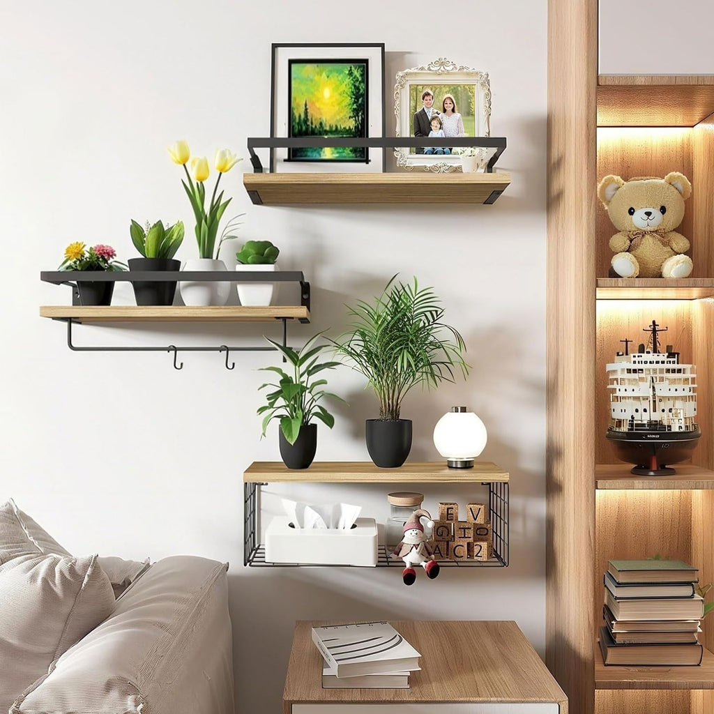 Pack of 3 Bathroom Shelves Wall Mounted Floating Shelf Over Toilet with Towel Holder & Metal guardrails & Storage Basket for Toilet Paper Rustic Wood Corner Decor Organizer for Kitchen (Brown)