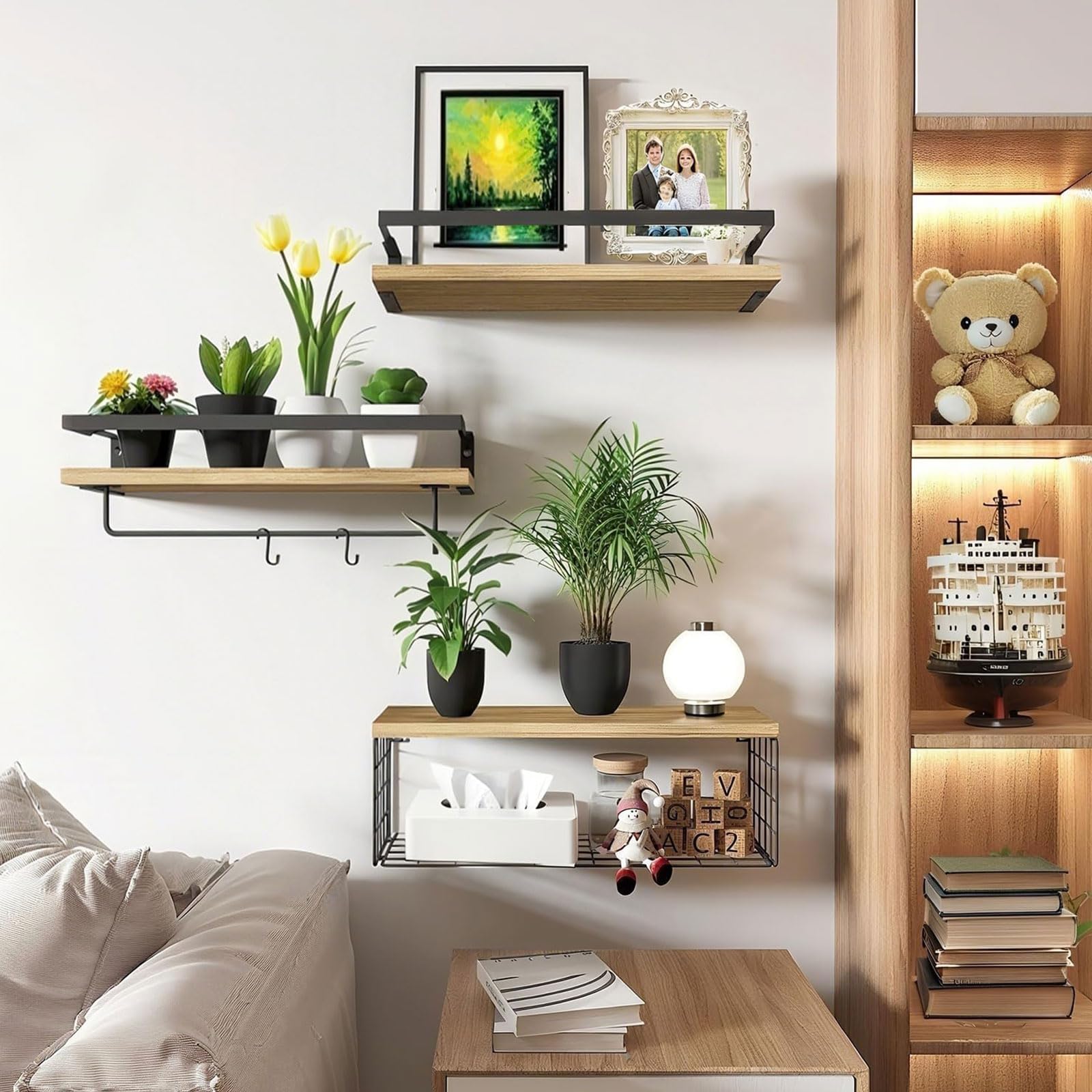 Pack of 3 Bathroom Shelves Wall Mounted Floating Shelf Over Toilet with Towel Holder & Metal guardrails & Storage Basket for Toilet Paper Rustic Wood Corner Decor Organizer for Kitchen (Brown)