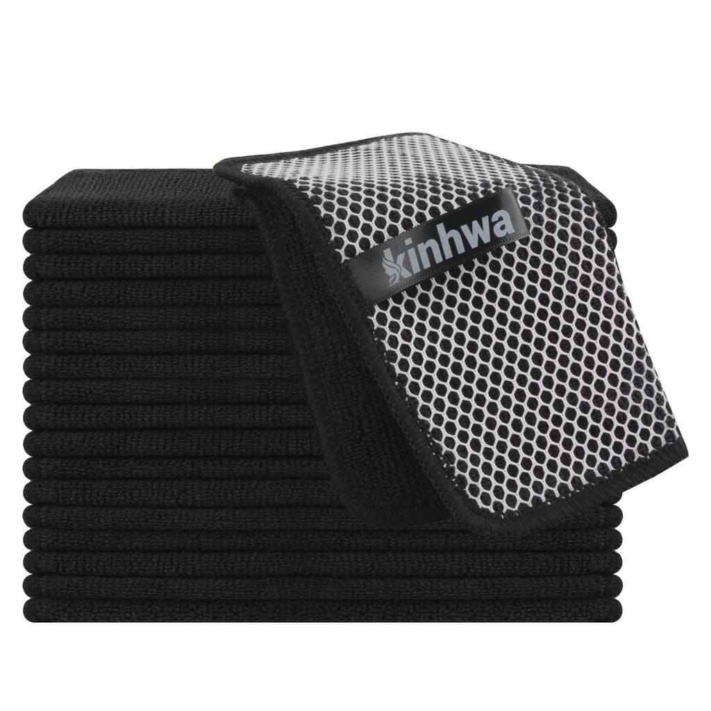 KinHwa Microfiber Dish Cloths Super Absorbent Kitchen Wash Cloth Dish Rags for Washing Dishes Fast Drying Cleaning Cloth with Scrub Side (Black, 7inchx7inch 18pc)