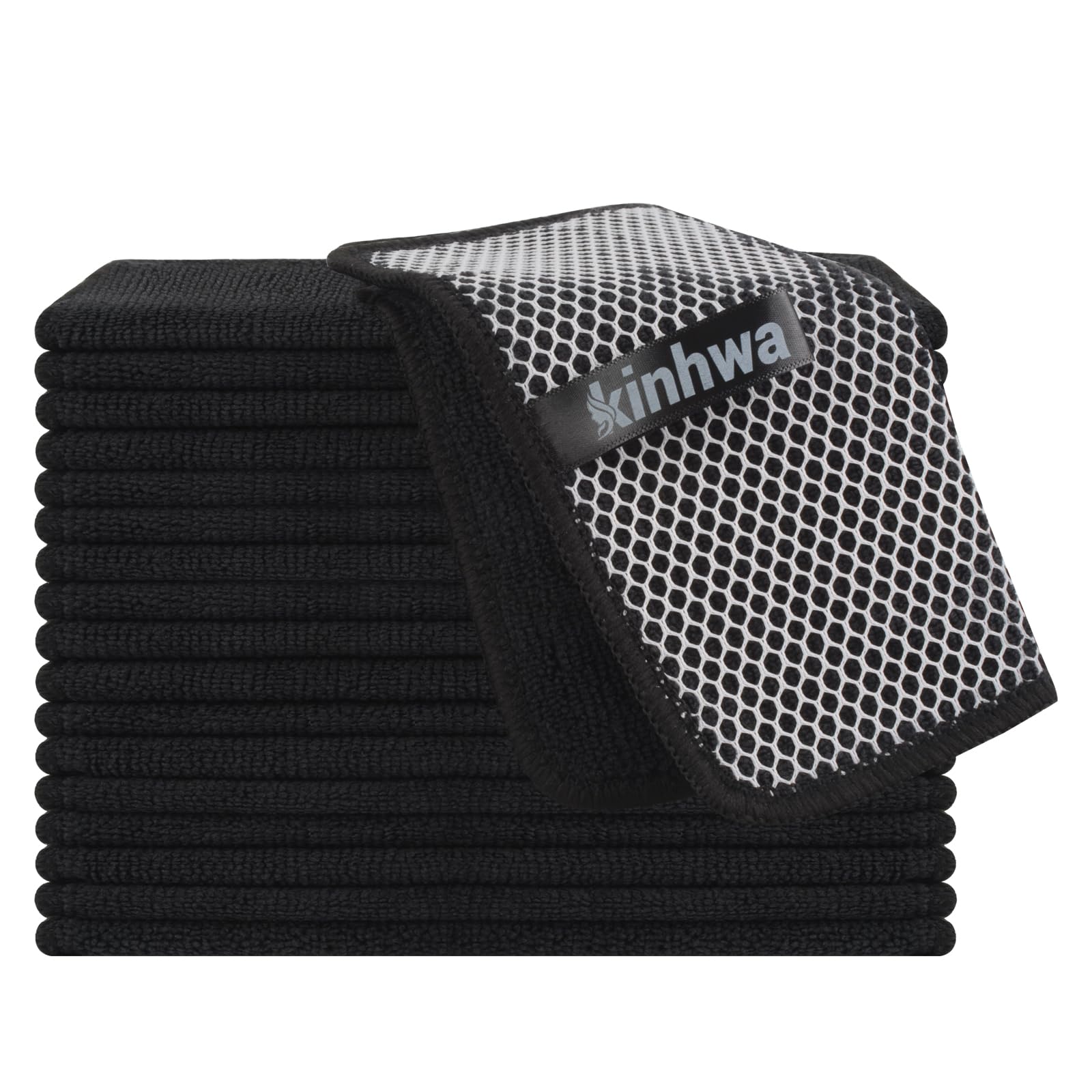 KinHwa Microfiber Dish Cloths Super Absorbent Kitchen Wash Cloth Dish Rags for Washing Dishes Fast Drying Cleaning Cloth with Scrub Side (Black, 7inchx7inch 18pc)
