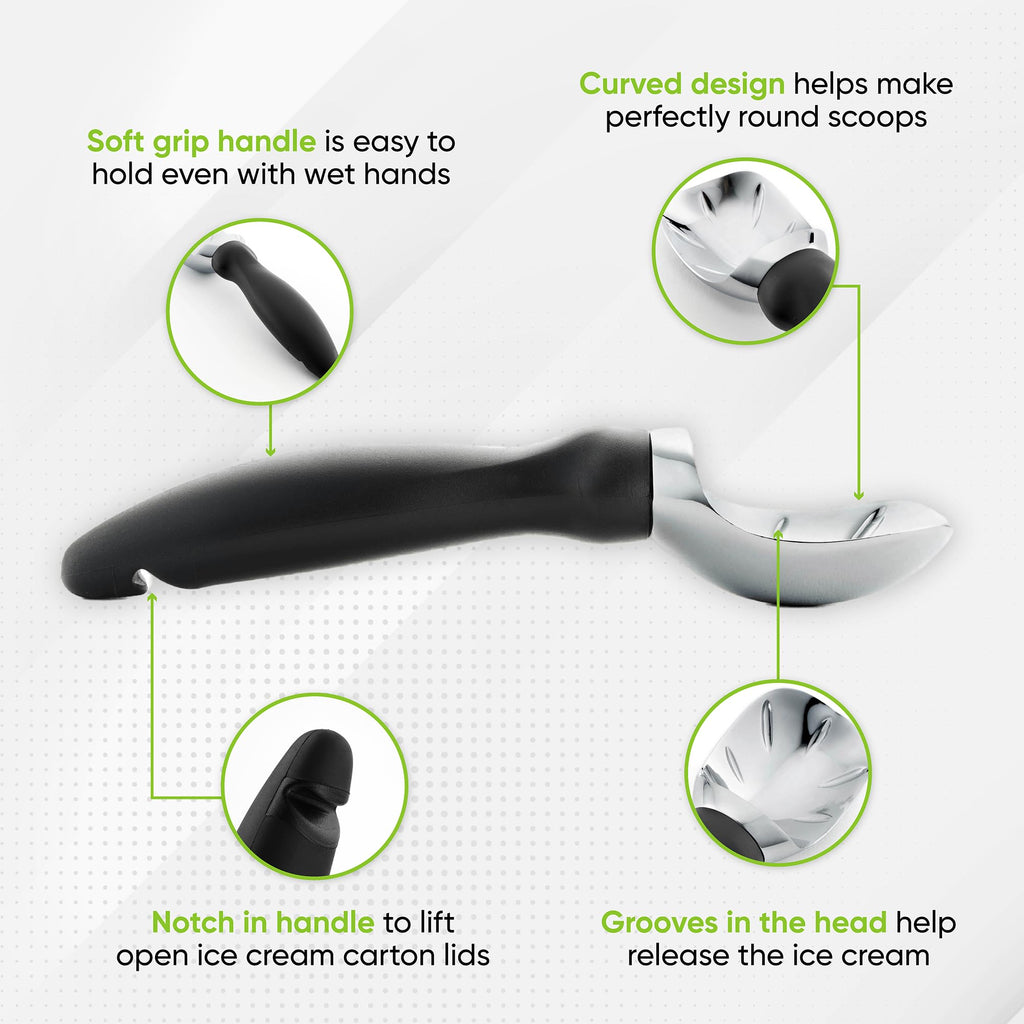 Spring Chef Heavy Duty Ice Cream Scoop with Comfortable Handle - Professional Ice Cream Scooper for Gelato, Sorbet, Cookie Dough, Melon, Frozen Yoghurt - Dishwasher Safe Metal Kitchen Tool - Black