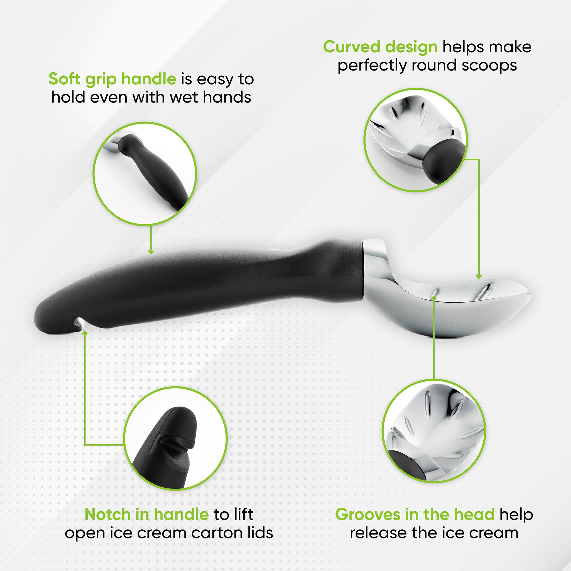 Spring Chef Heavy Duty Ice Cream Scoop with Comfortable Handle - Professional Ice Cream Scooper for Gelato, Sorbet, Cookie Dough, Melon, Frozen Yoghurt - Dishwasher Safe Metal Kitchen Tool - Black