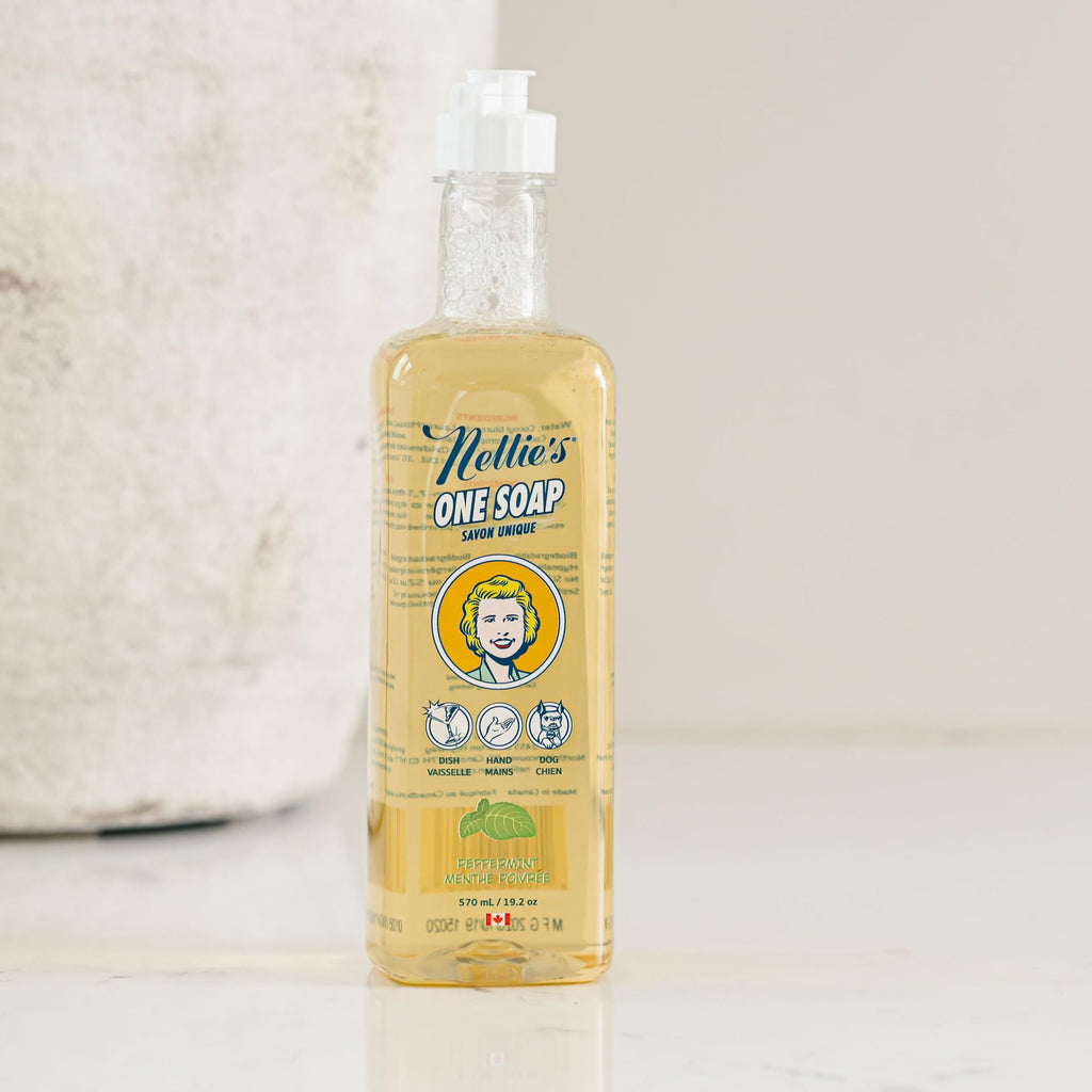 Nellie's One Soap - Peppermint Scented - Gentle Multi-Purpose Cleaner for Dishes, Surfaces, and Hands - Hypoallergenic, Plant-Based, Chemical-Free, and Soft on Skin - 19.2 oz - (Made in Canada)