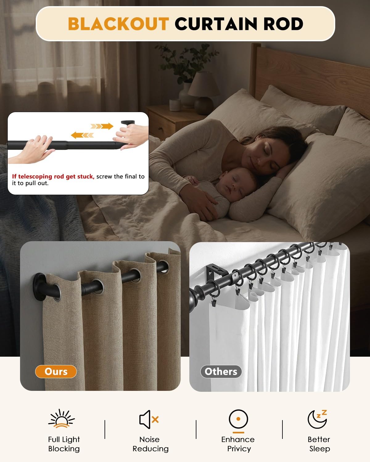 ASULUPHY Blackout Curtain Rod 32-90 In, Wrap Around Window Curtain Rods, 1 Inch Diameter Adjustable Door Curtain Rod, Long Curtain Rod with Brackets, Heavy Duty Drapery Rod for Bedroom